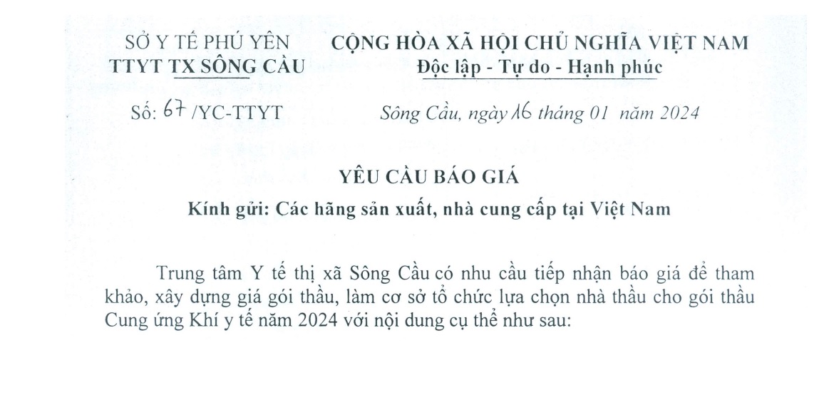 Yêu cầu báo giá gói thầu Cung ứng Khí y tế năm 2024